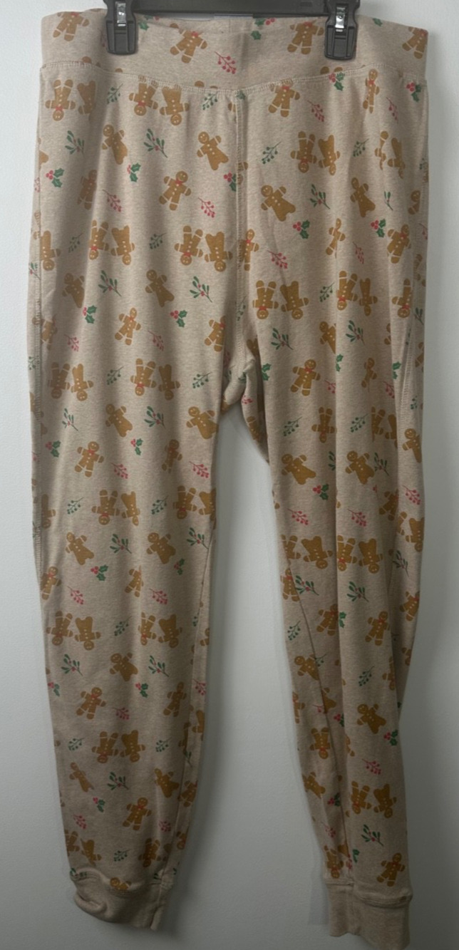 Pact Pajama Pants Gingerbread Print Organic Cotton Women L Beige Christmas A1